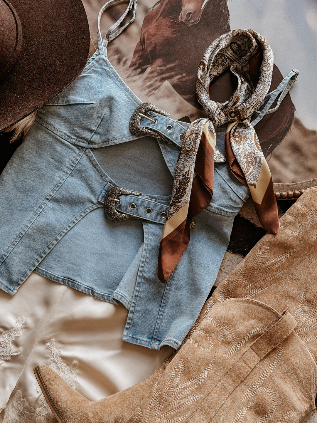 Western Double Buckle Denim Top