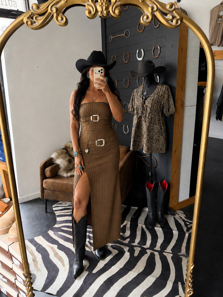 The Outlaw Pinstripe Buckle Maxi Dress PRE ORDER 8/20