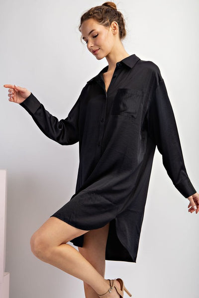 The Black Satin Button Down Dress