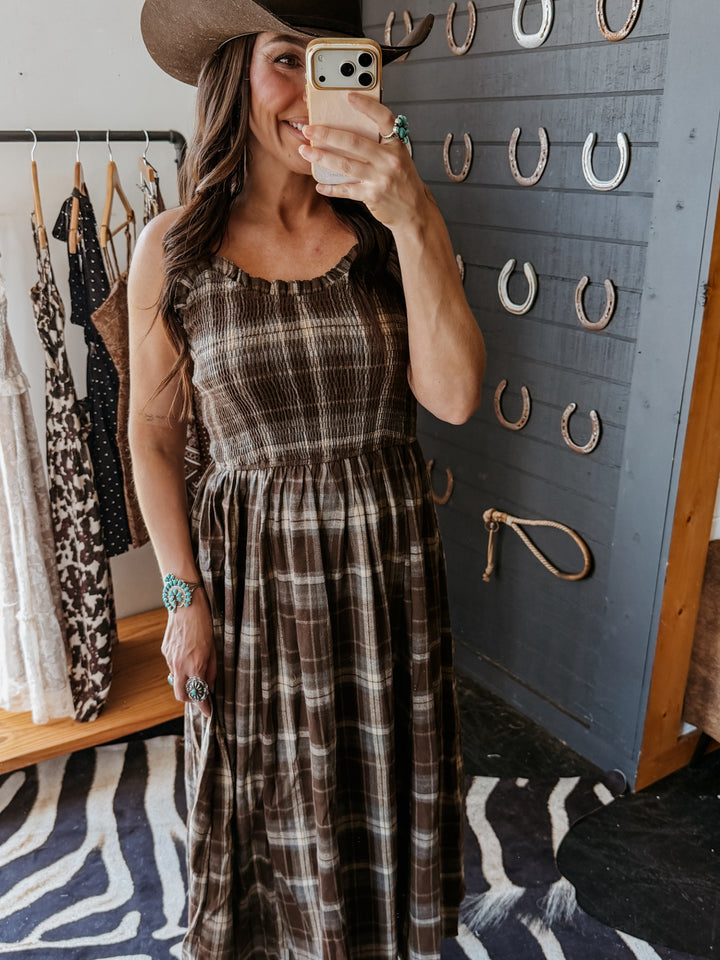 Timber Trail Plaid Smocked Midi Dress