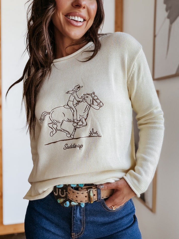Embroidered Saddle Up Sweater - Cream
