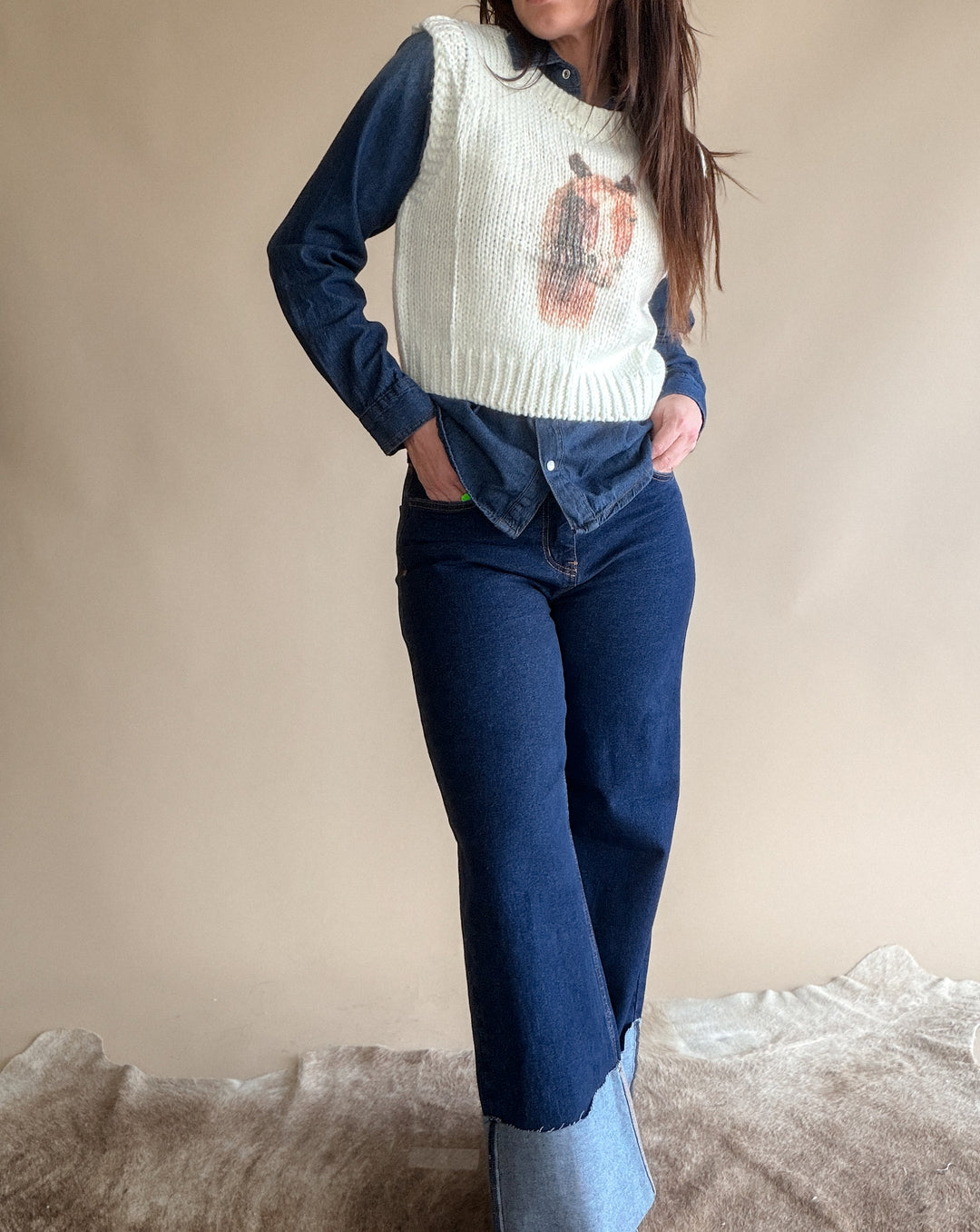 High Rise Wide Leg Cuffed Western Jeans