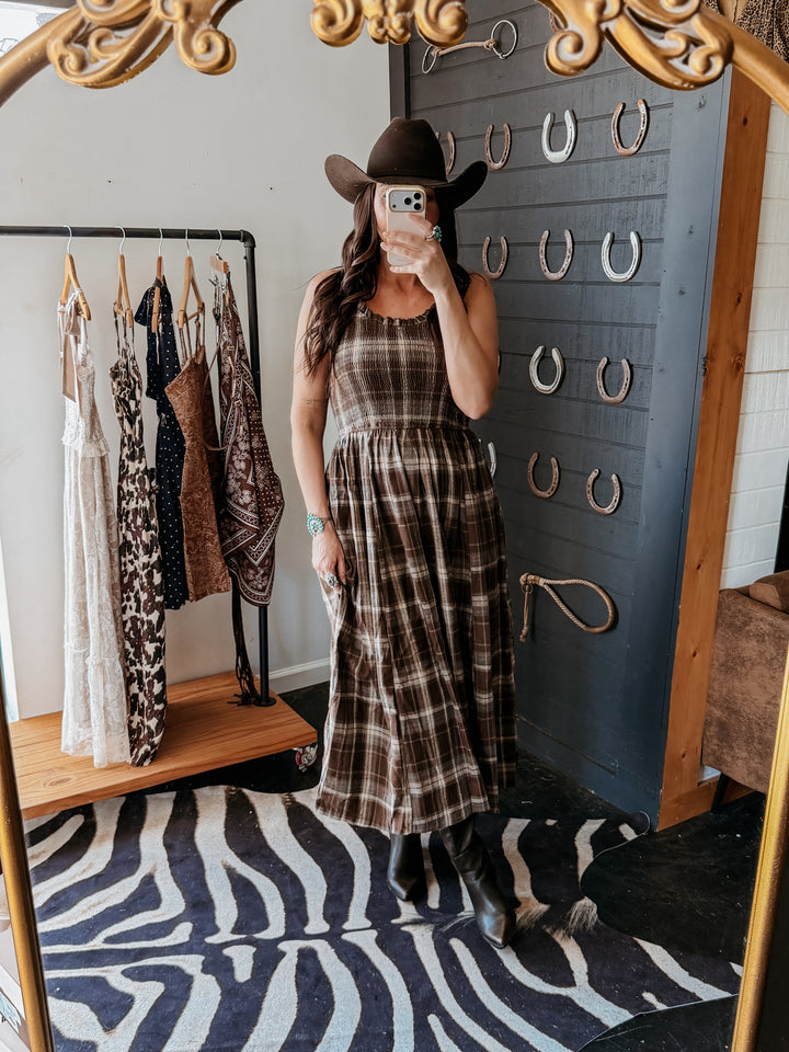 Timber Trail Plaid Smocked Midi Dress