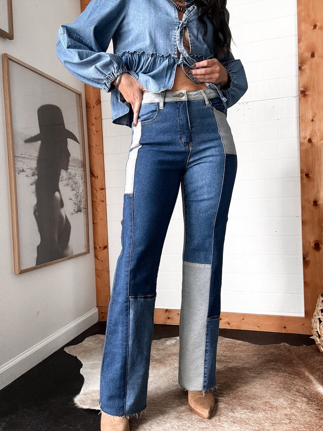 High Rise Patch Work Straight Leg Jeans