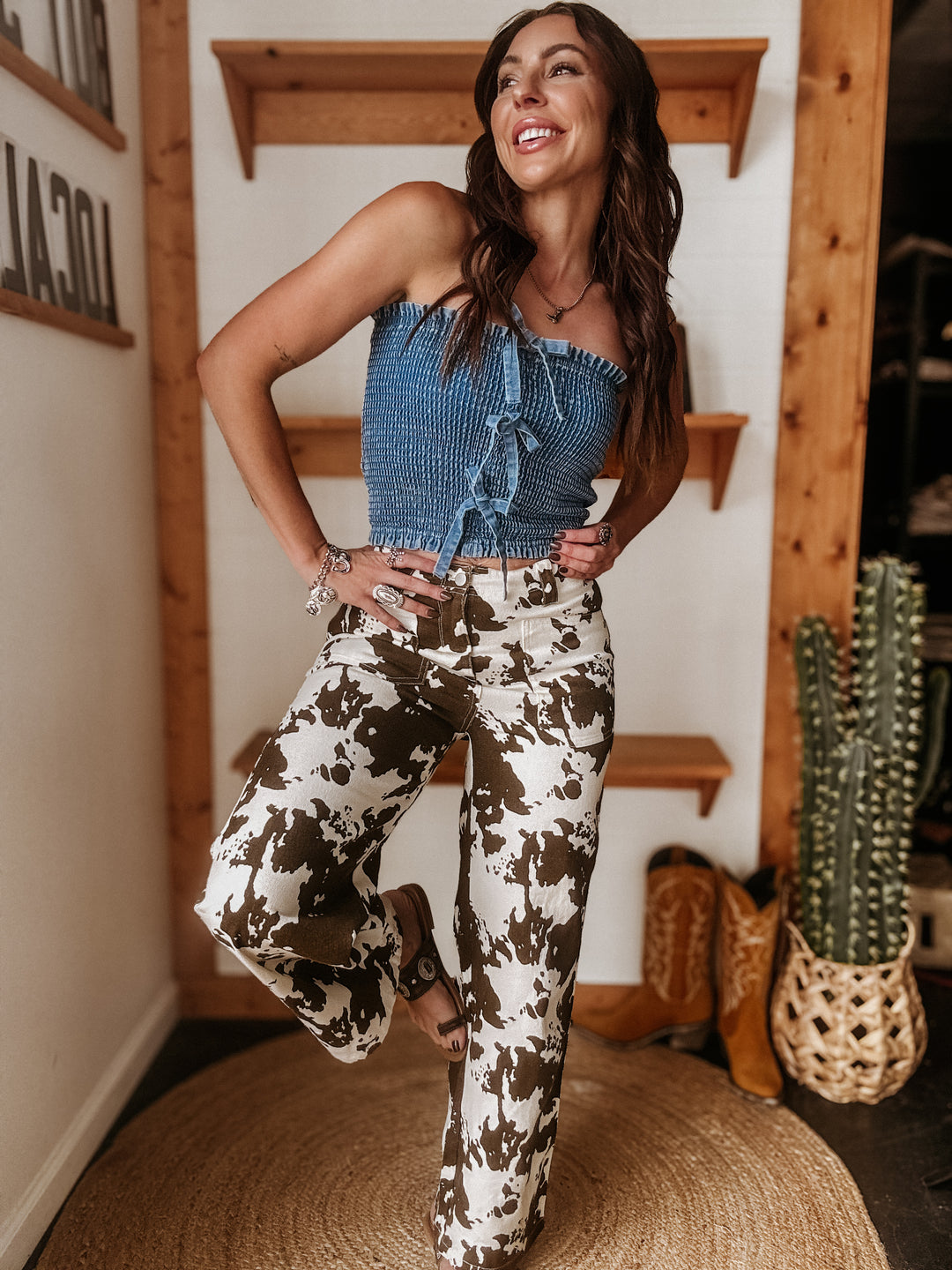 Smocked Denim Strapless Top