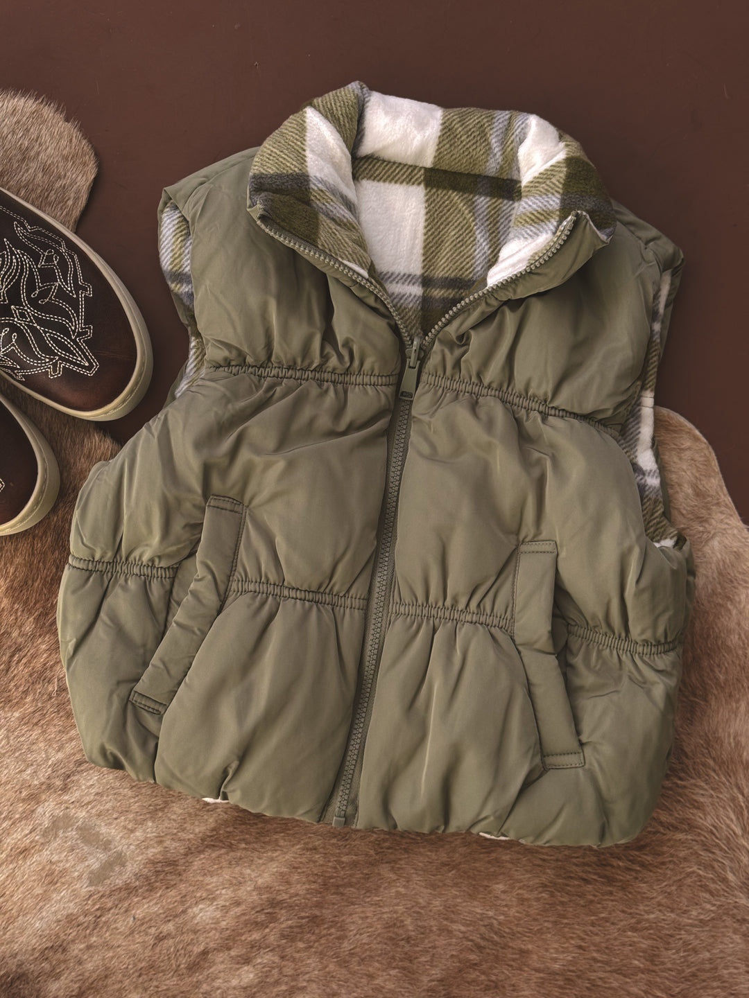 Olive Reversible Puffer Vest
