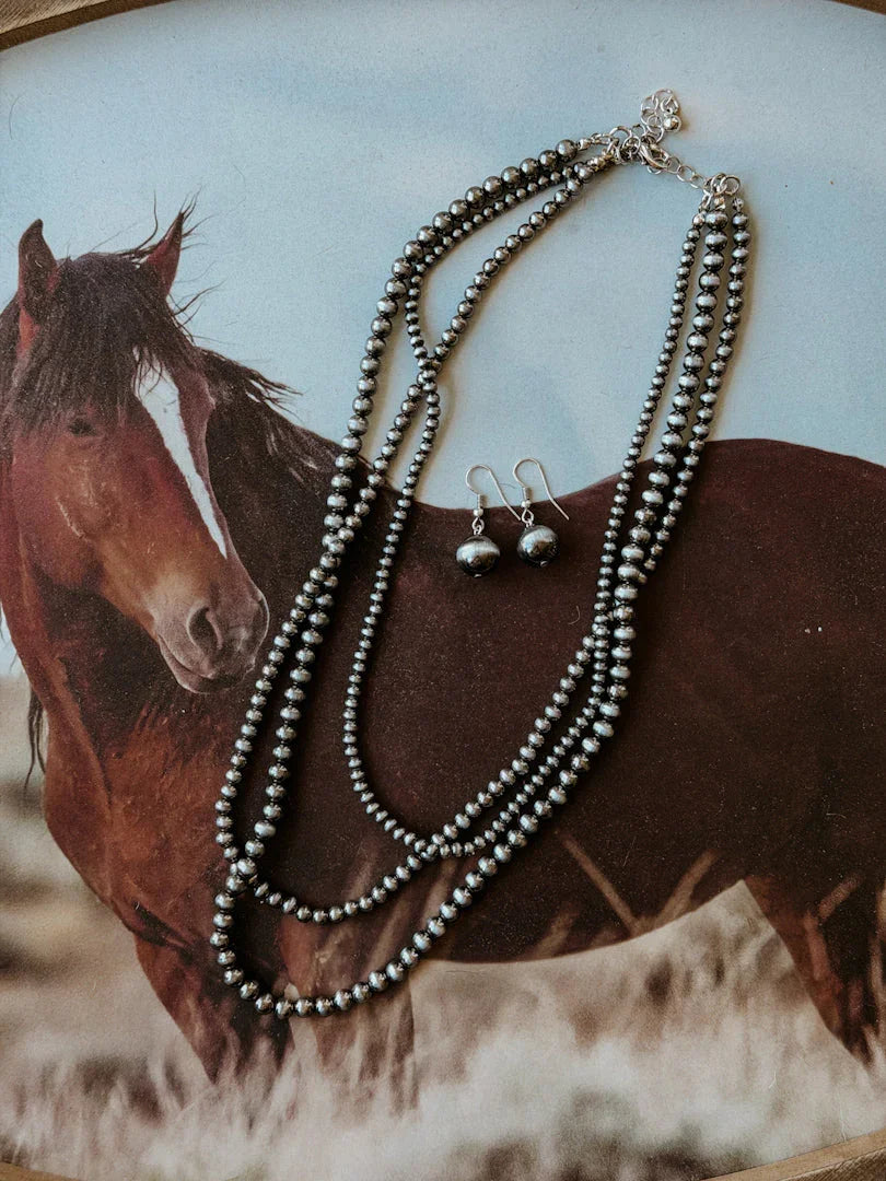 Necklace and earrings on a horse in a natural setting