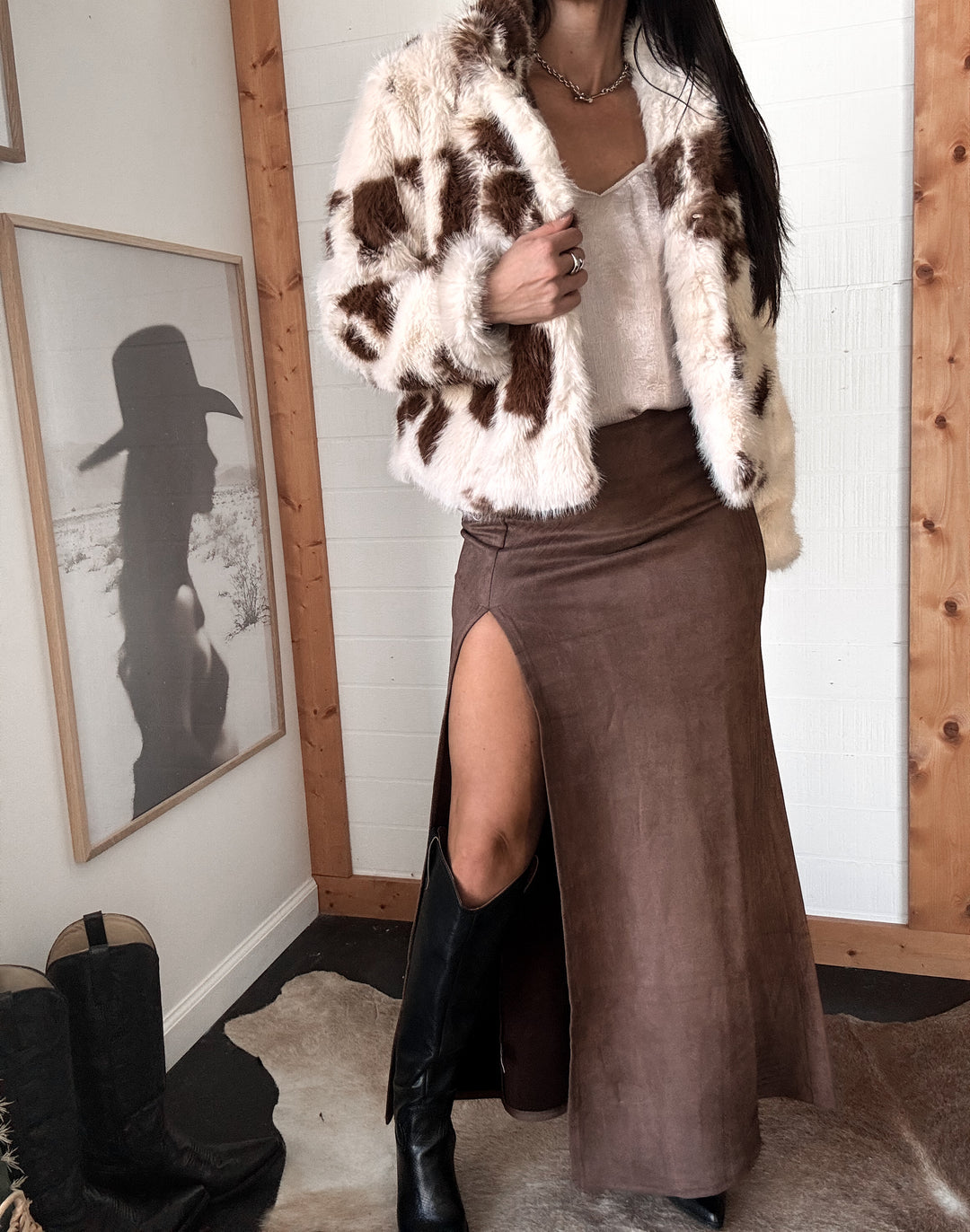 Faux Suede Buckle Maxi Skirt