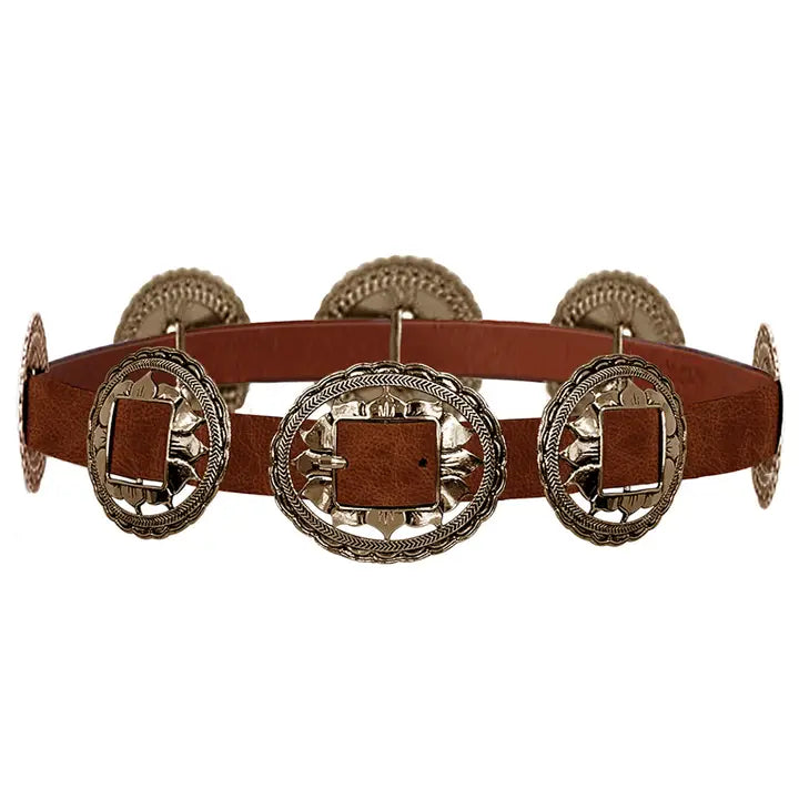 Cognac sunflower concho link belt with silver western detailing