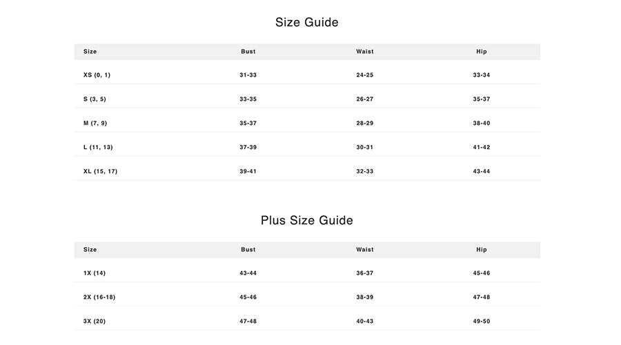 Women's western clothing size guide with bust, waist, and hip measurements, including plus sizes.
