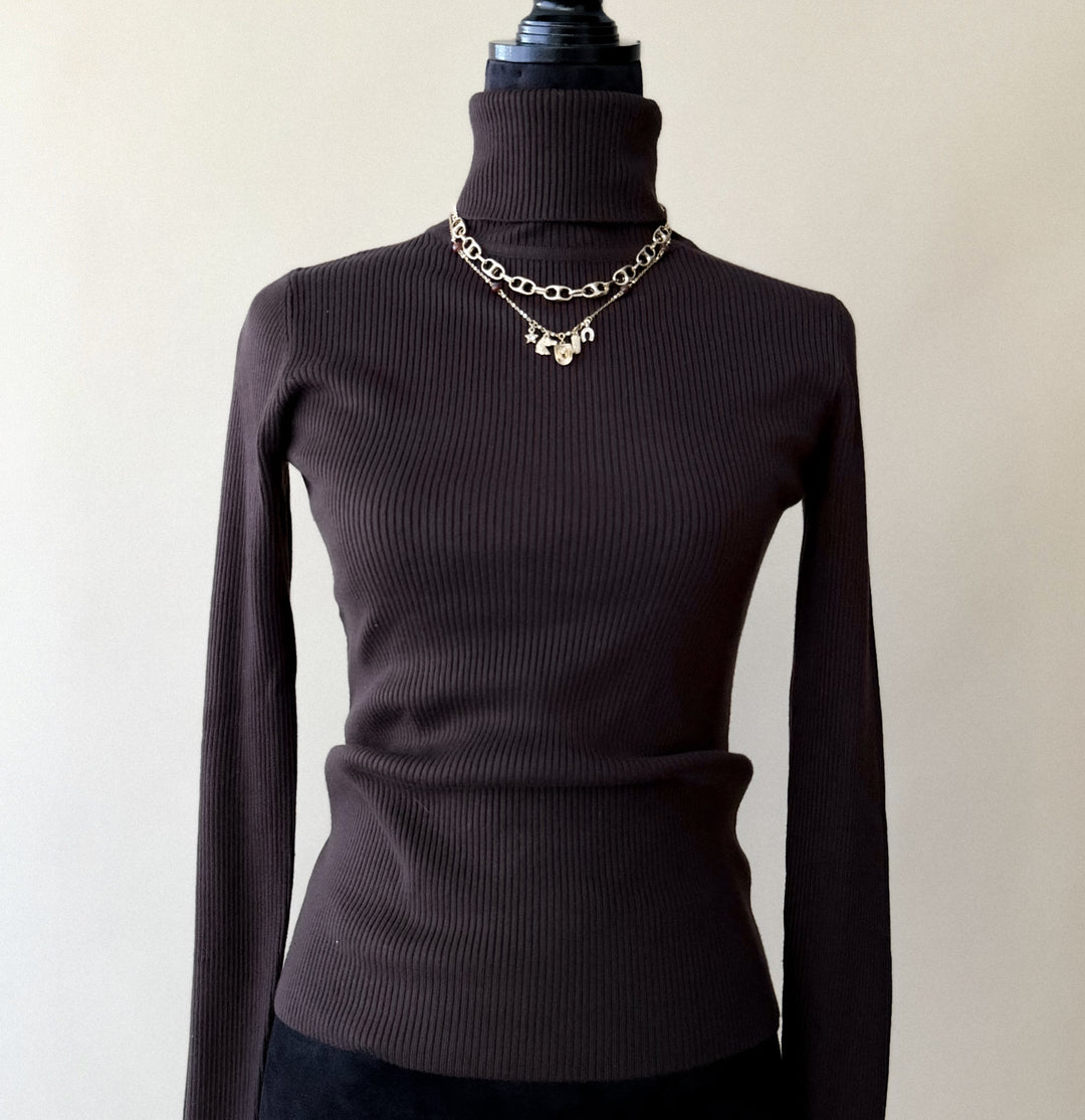 Ribbed Turtleneck Sweater – Brown