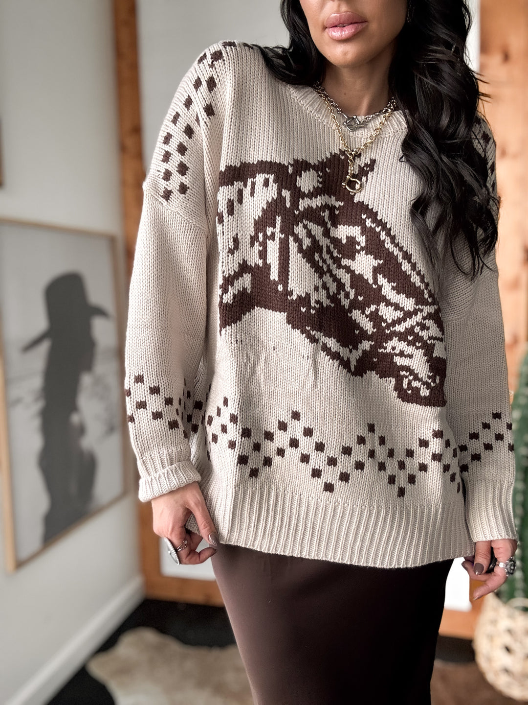 Horse Printed Knit Sweater – Taupe