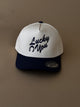 White and navy western snapback hat with 'Lucky You' and horseshoe embroidery