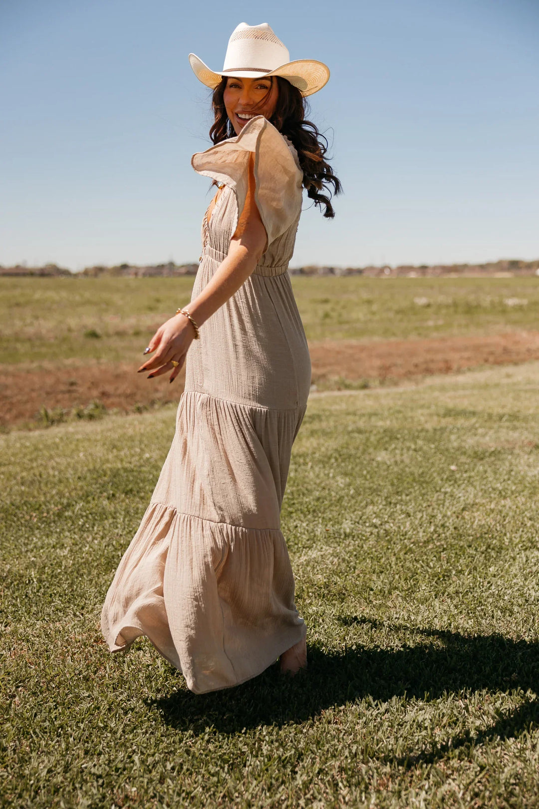 Taupe Flutter Sleeve Tiered Maxi Dress