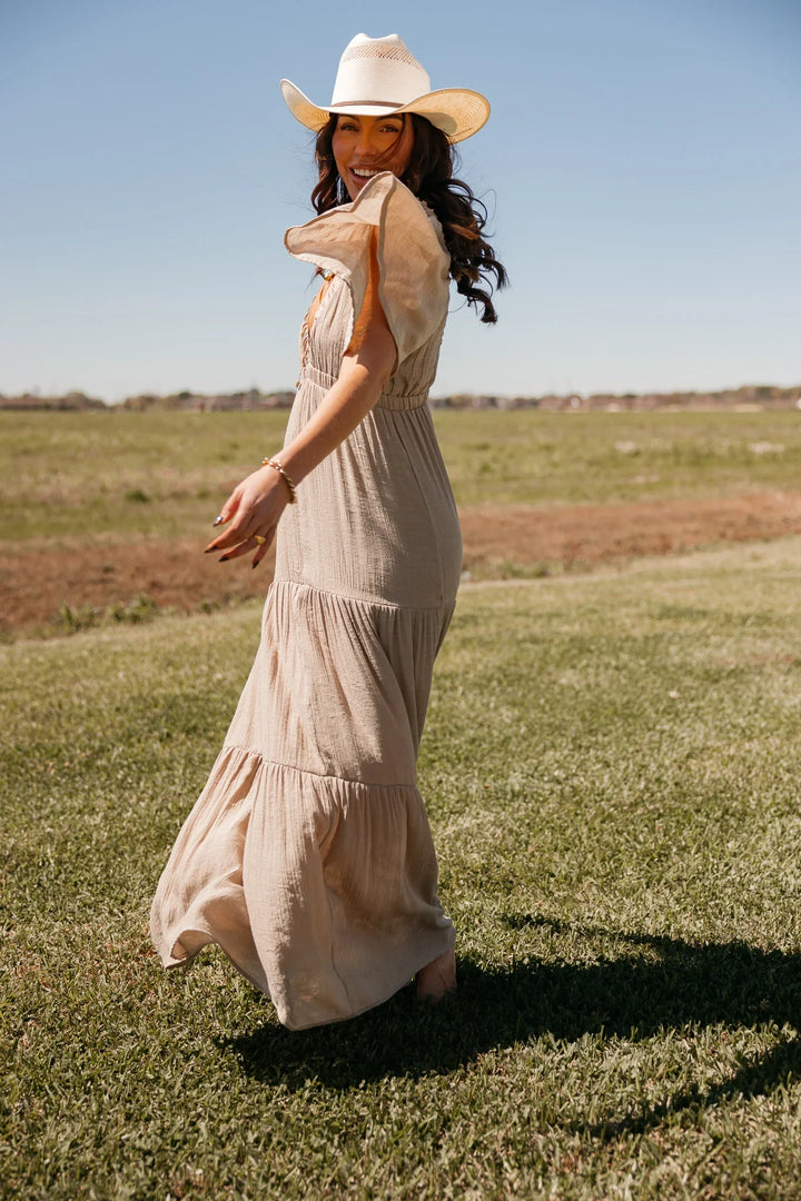 Taupe Flutter Sleeve Tiered Maxi Dress