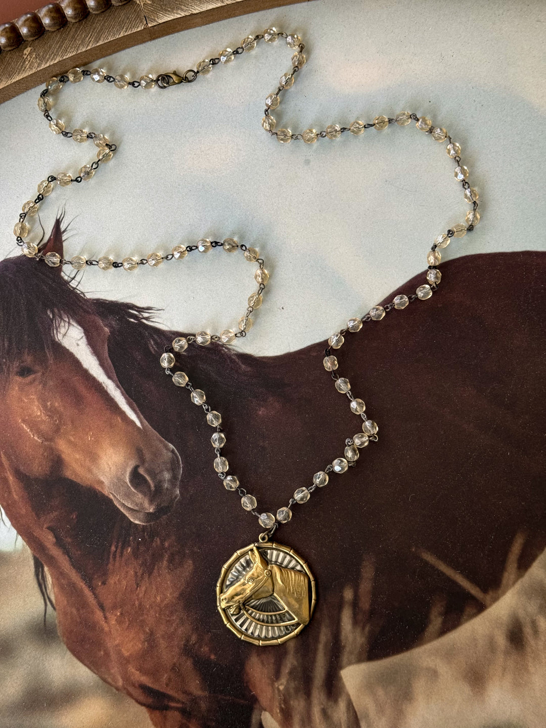 Horse Head Brass Patina Beaded Necklace