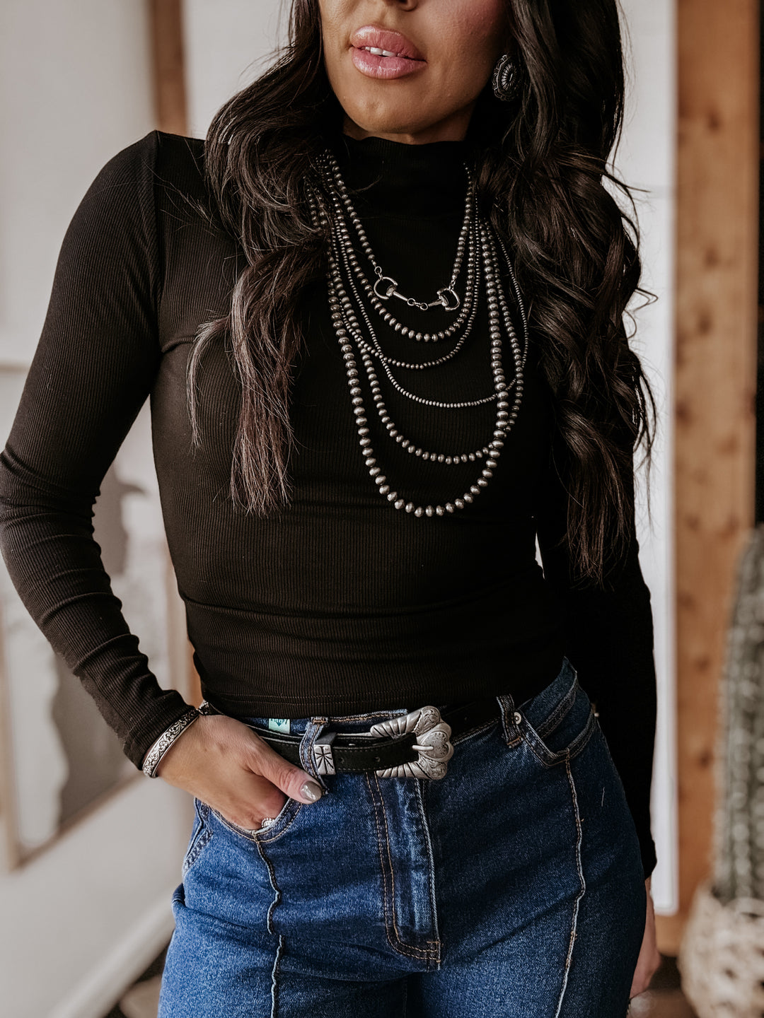 Jersey de cuello alto de manga larga acanalado - Negro