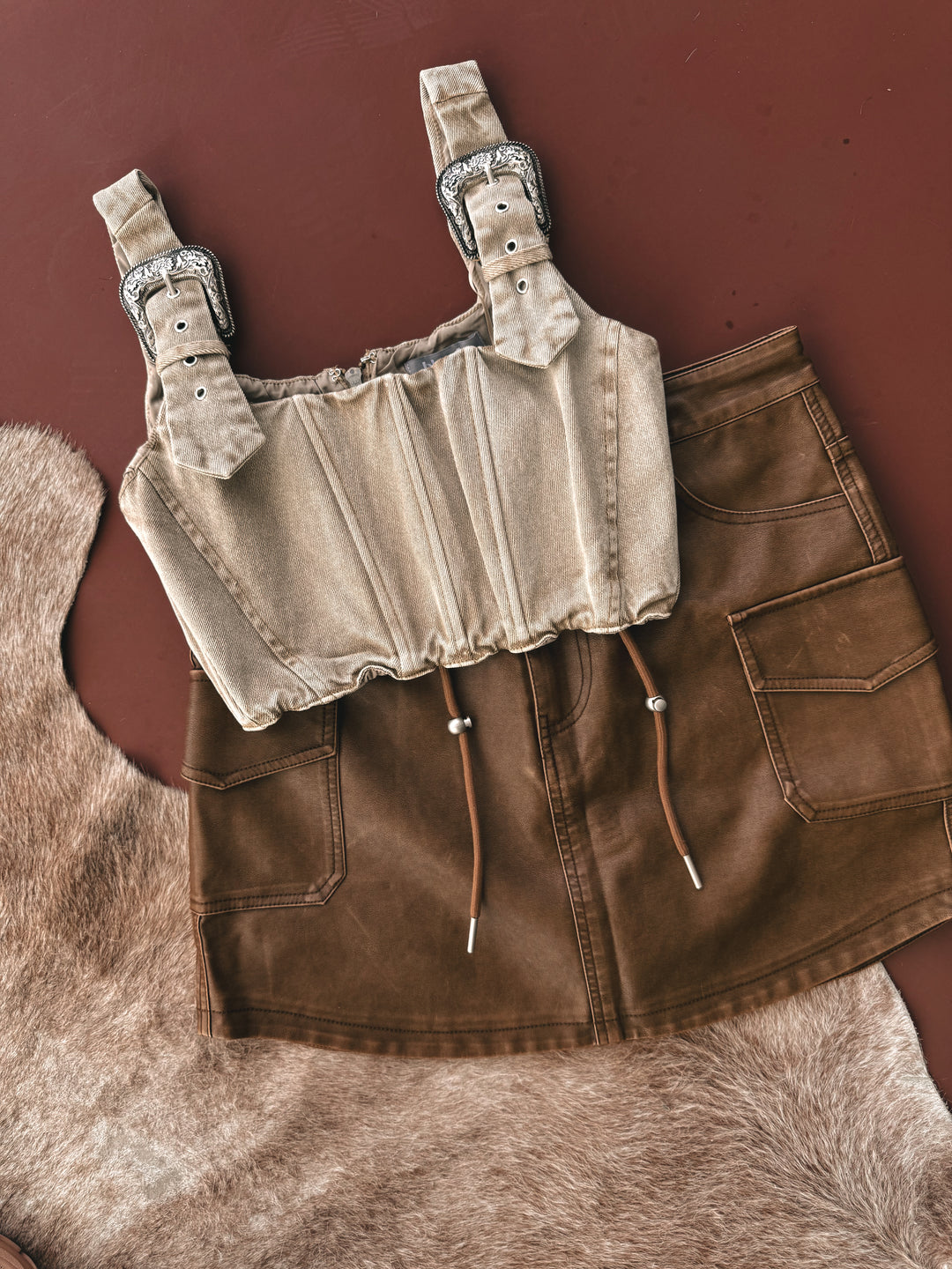 Western Buckle Strap Denim Corset Top