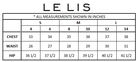 Le Lis women's western clothing size chart with chest, waist, and hip measurements in inches