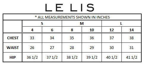 Le Lis women's western clothing size chart with chest, waist, and hip measurements in inches