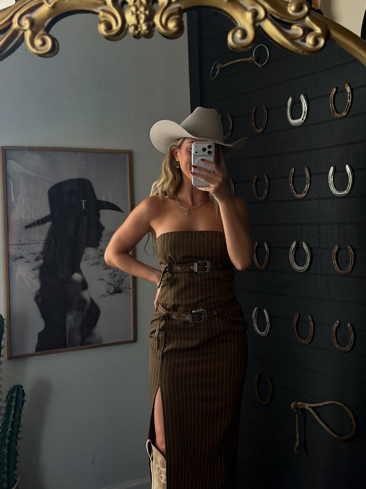 The Outlaw Pinstripe Buckle Maxi Dress PRE ORDER 8/30