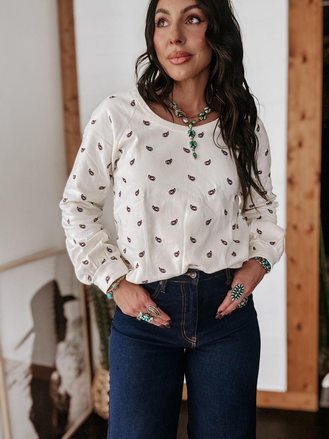 Roper Cream Paisley Embroidered Fleece Top