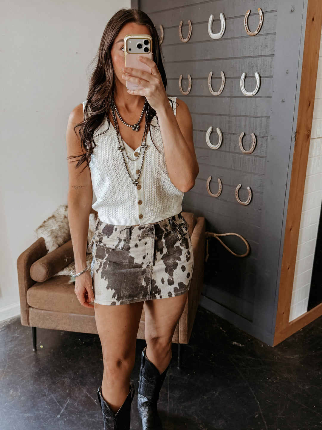 Cow Print Denim Mini Skirt
