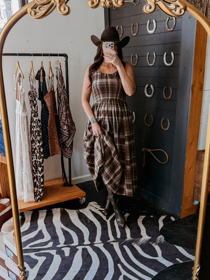 Timber Trail Plaid Smocked Midi Dress