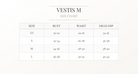 Size chart for Vestis M clothing with measurements in inches.