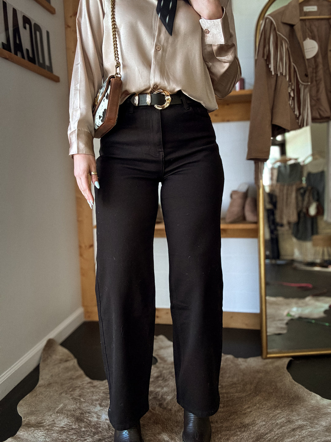 High-Rise Wide Leg Jeans – Black Stretch Denim