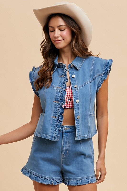 Denim Ruffle Vest & Shorts Set