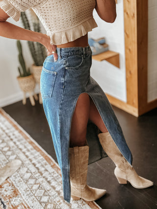 The Denim Maxi Skirt **PRE ORDER (11/20)**