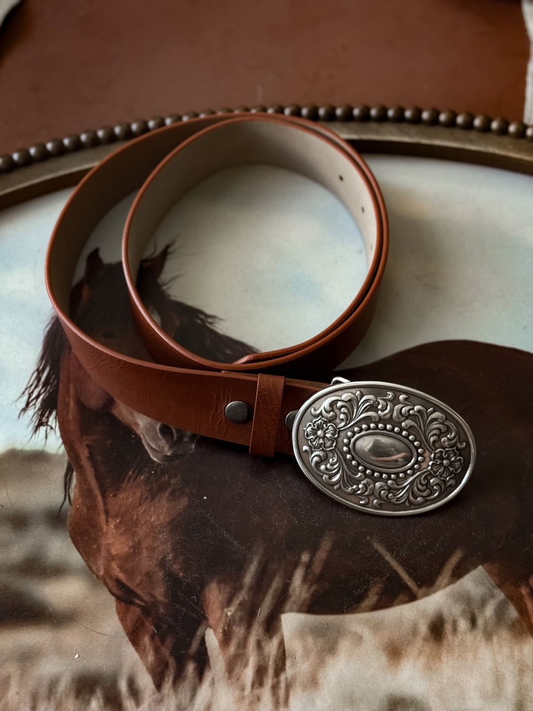 Western Floral Etched Oval Buckle Belt - Brown