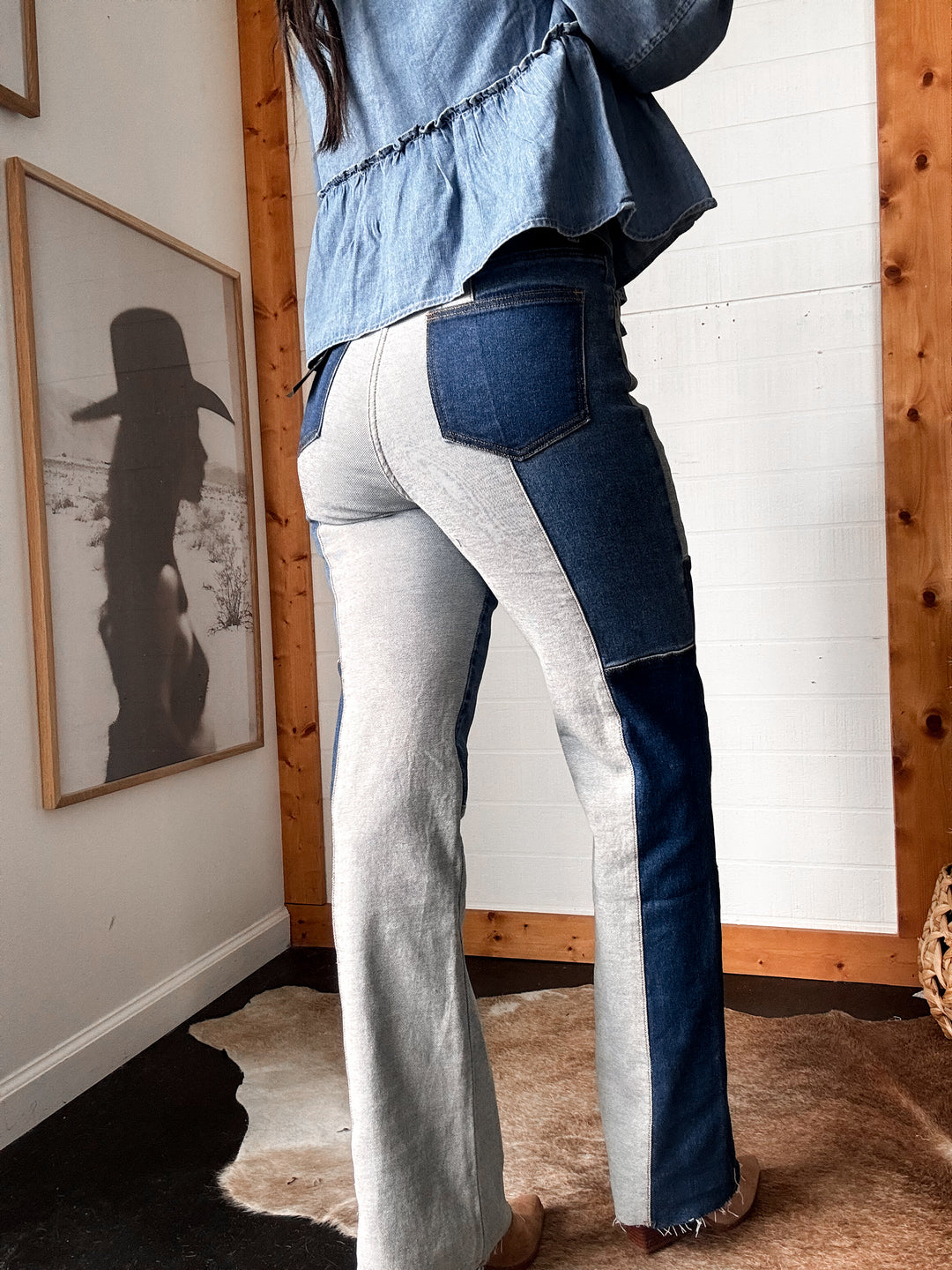 High Rise Patch Work Straight Leg Jeans