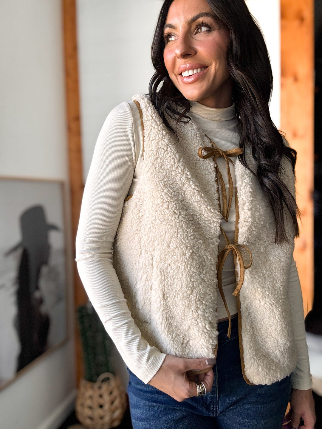 Cream Fleece Tie-Front Vest