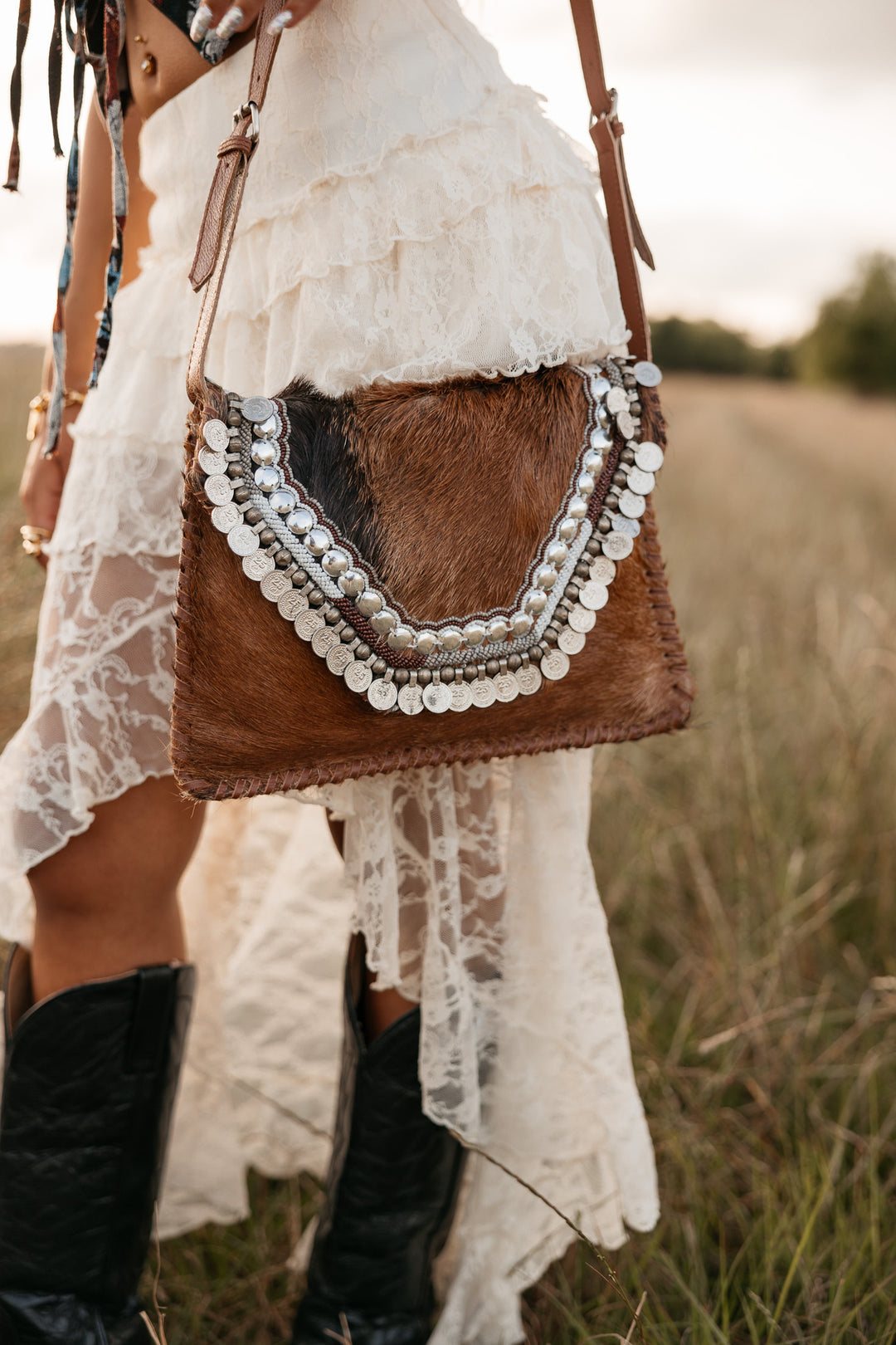 Boho Western Cowhide &amp; Coin Crossbody- Brown