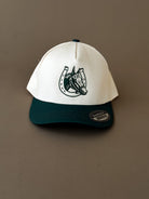 Western snapback hat with horse and horseshoe embroidery, two-tone green and white design