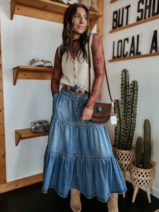 The Tiered Denim Maxi Skirt