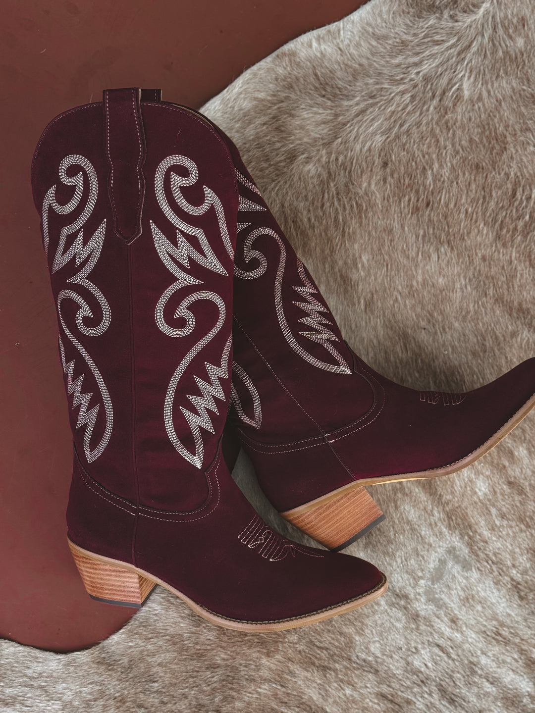Maroon Suede Embroidered Cowgirl Boots