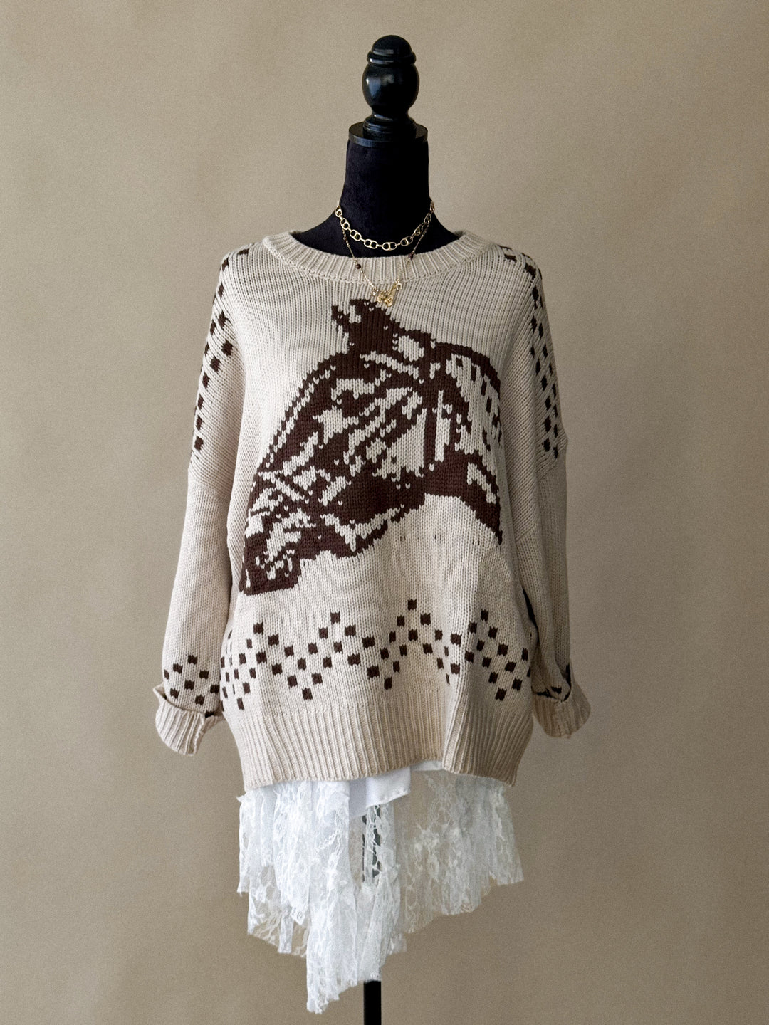 Horse Printed Knit Sweater – Taupe
