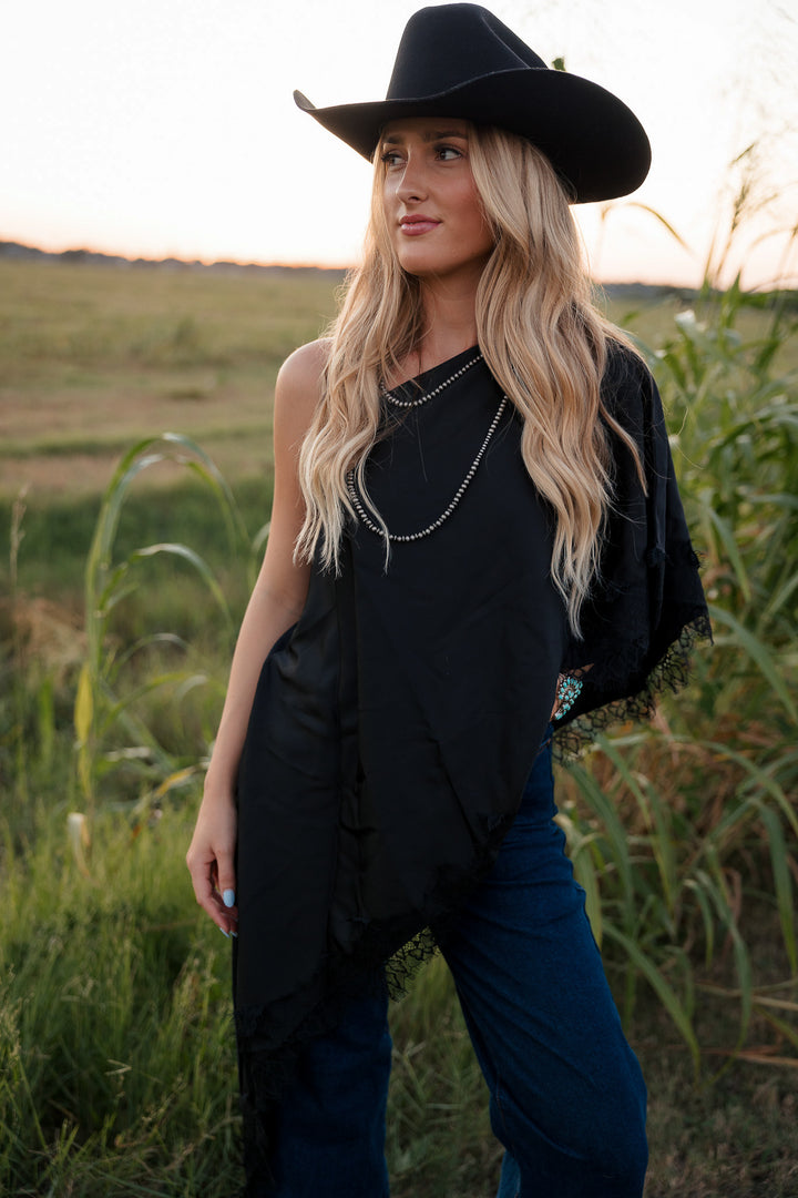 Black Satin Lace Asymmetrical Top