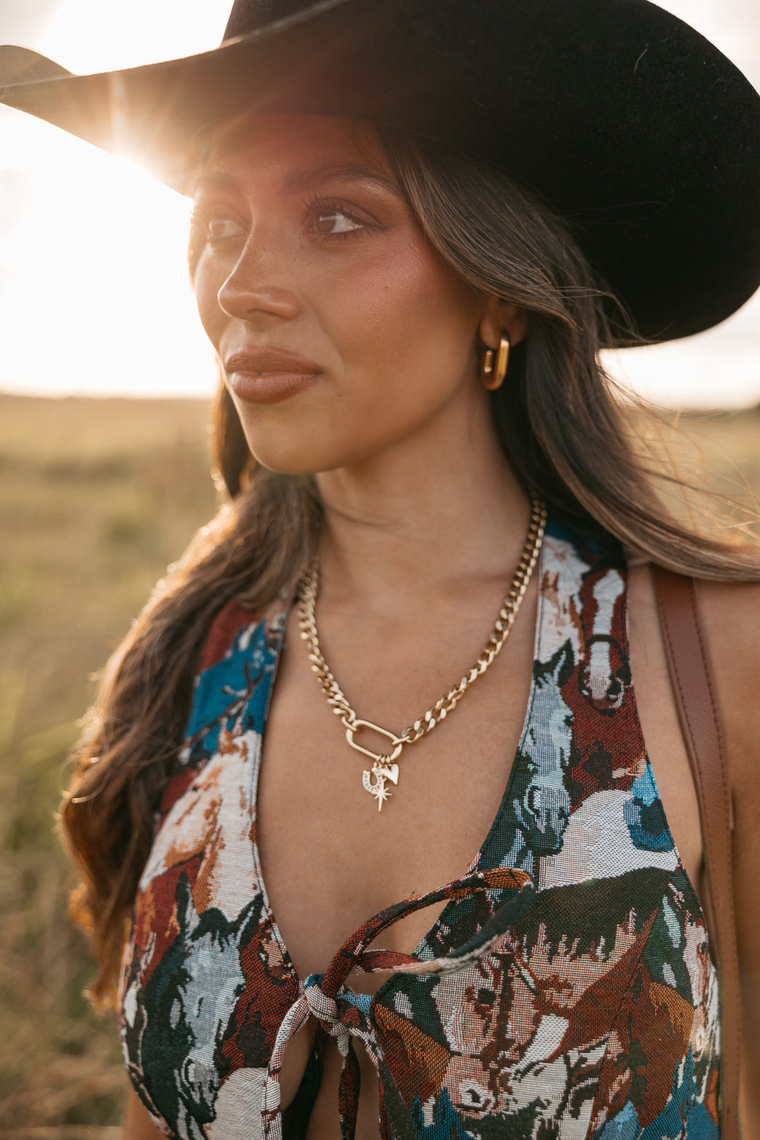 Woman wearing a cowboy hat and a patterned top with horses in an outdoor setting