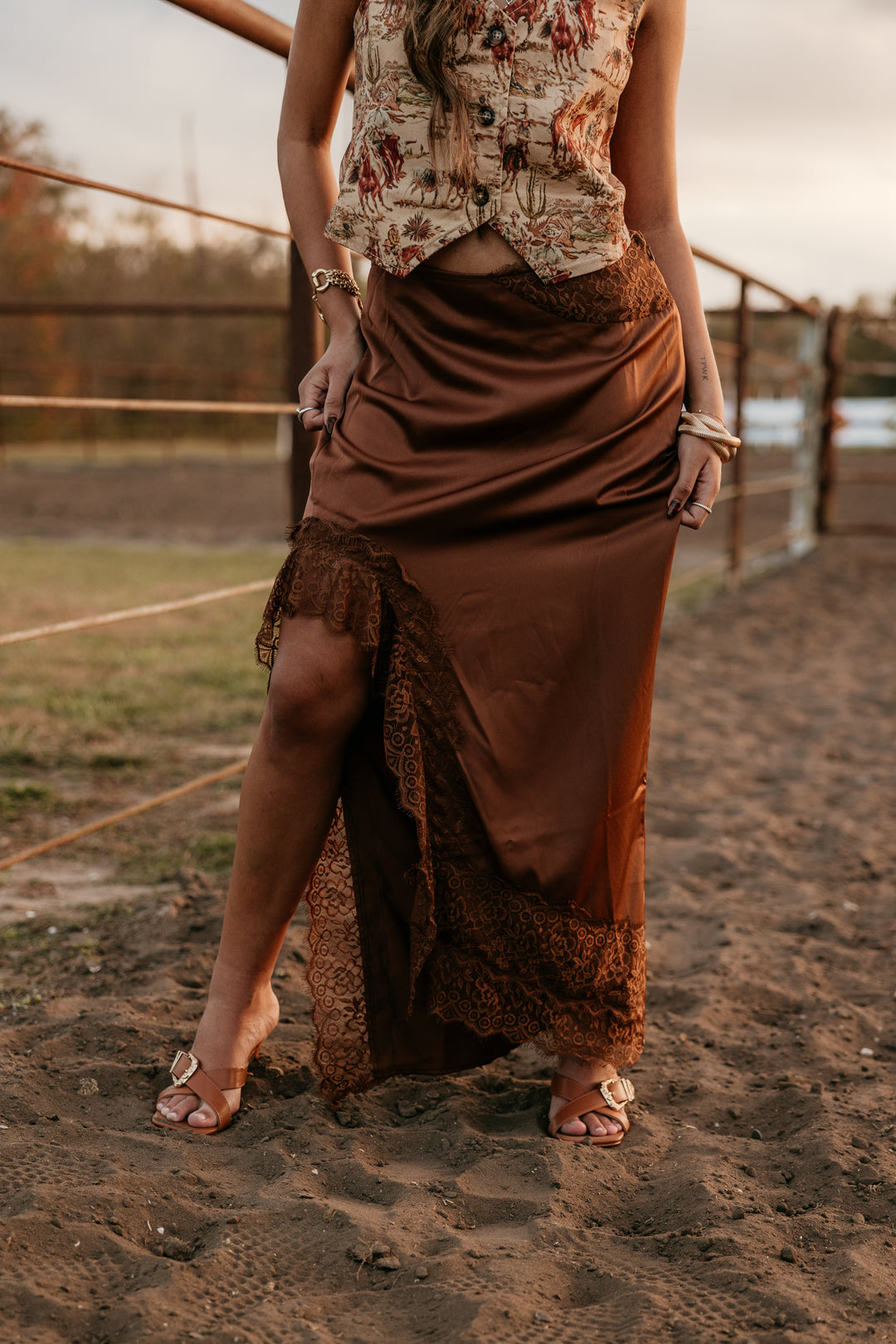 Satin and Lace Maxi Skirt | Brown