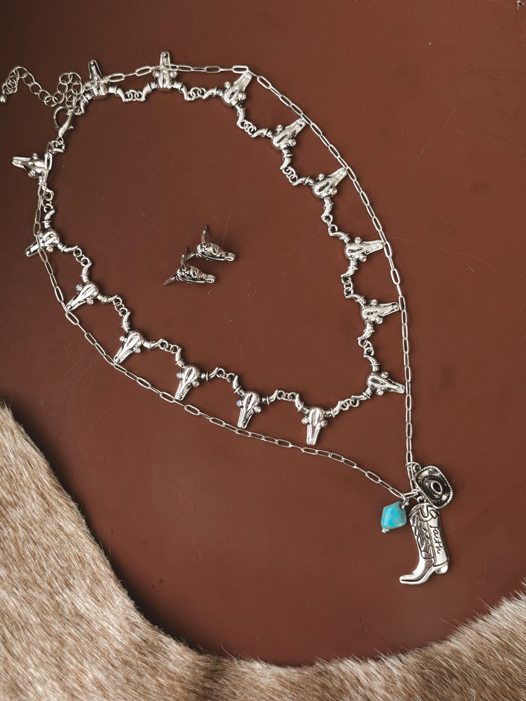 Western Steer Skull & Boot Charm Necklace Set