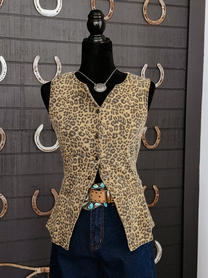 Leopard Denim Snap Button Vest