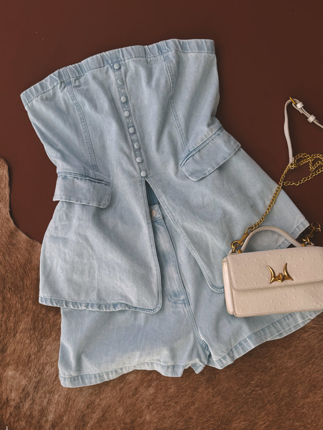Light Wash Strapless Denim Tunic & Short Set