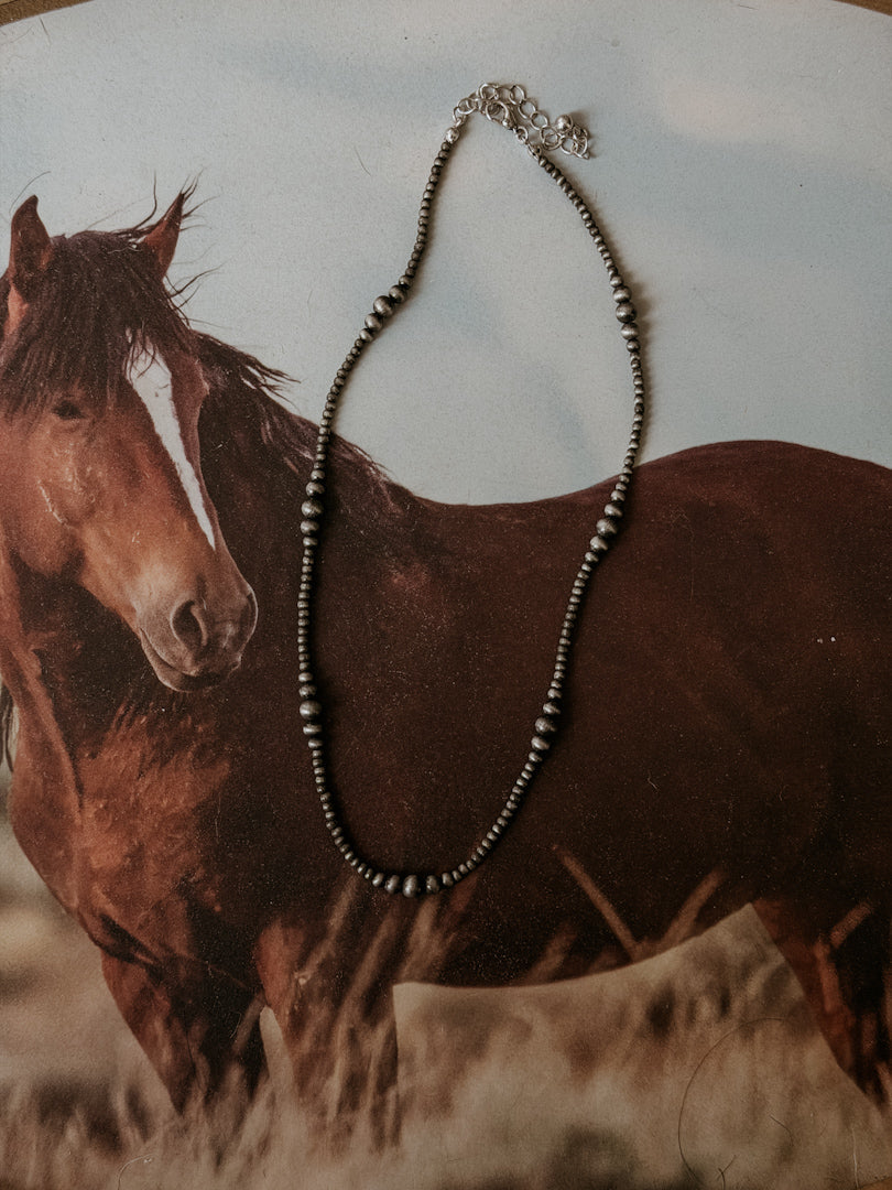 Western boho silver bead necklace displayed on a horse background, cowgirl jewelry style.