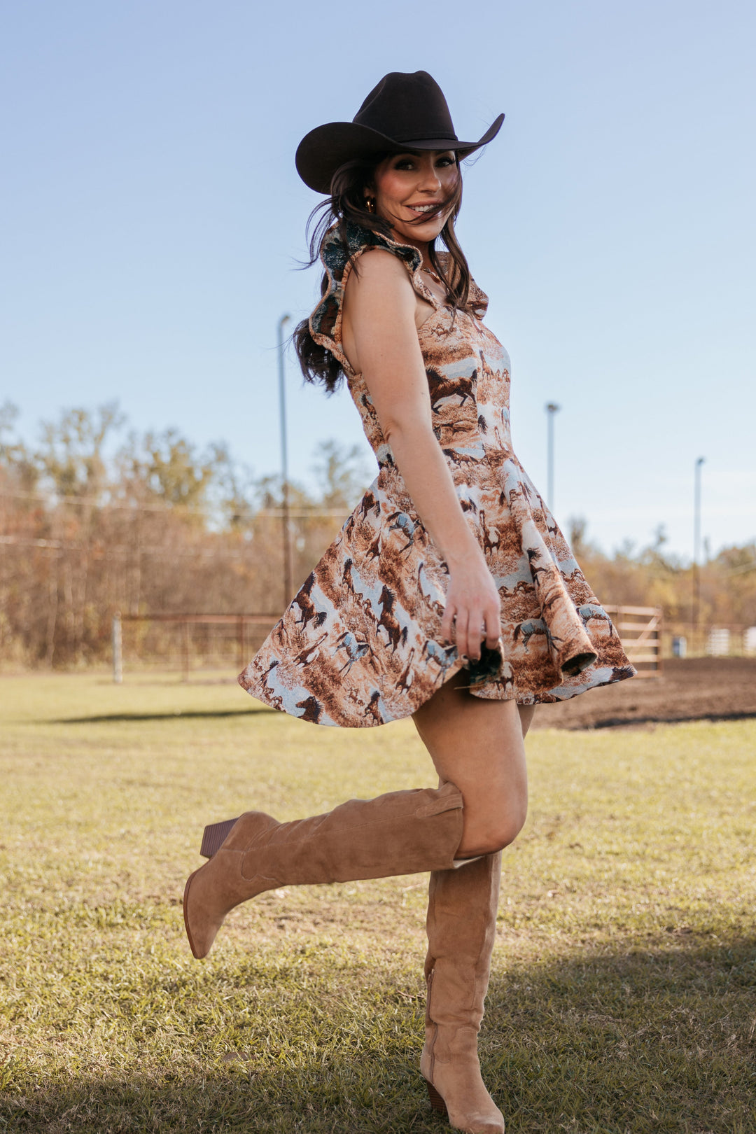 Running Horse Woven Ruffle Dress