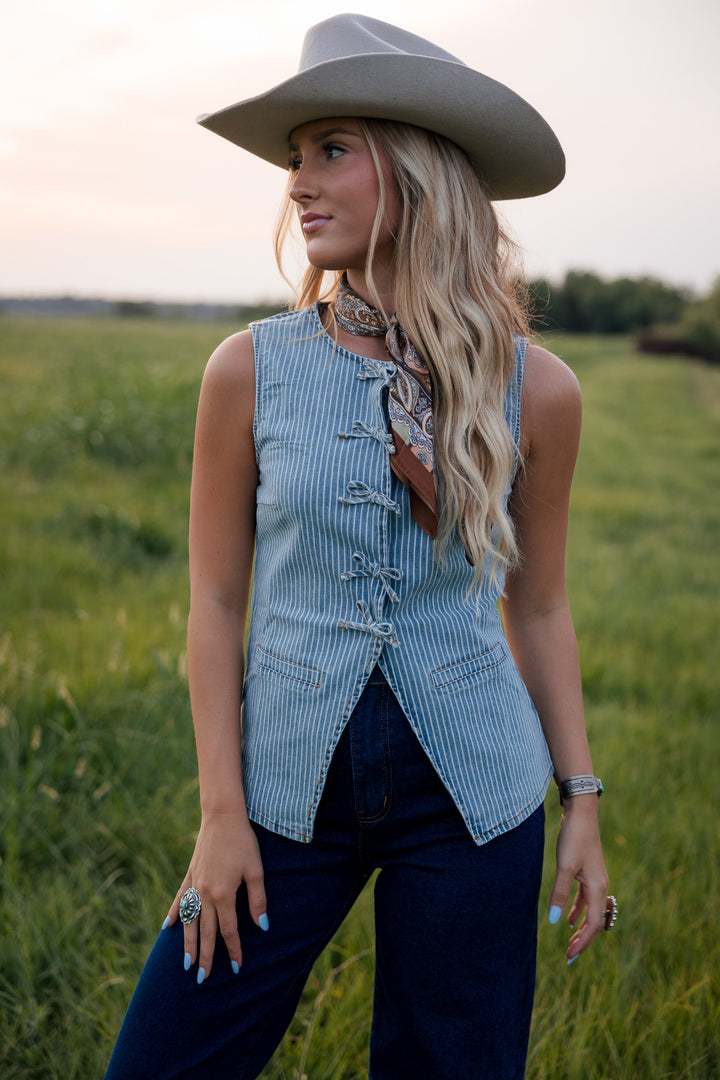 Denim Pinstripe Lace-Up Vest