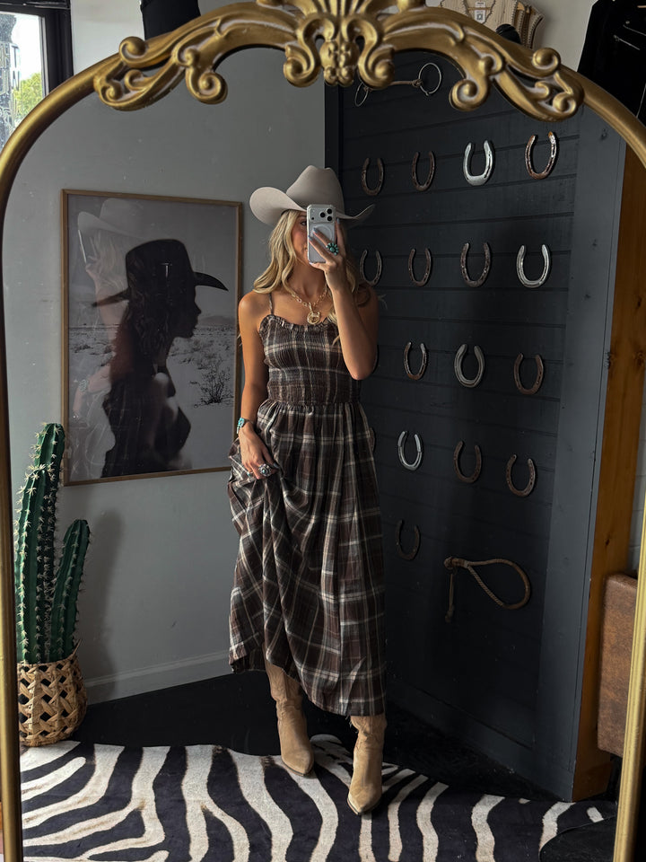 Timber Trail Plaid Smocked Midi Dress PRE ORDER 8/30